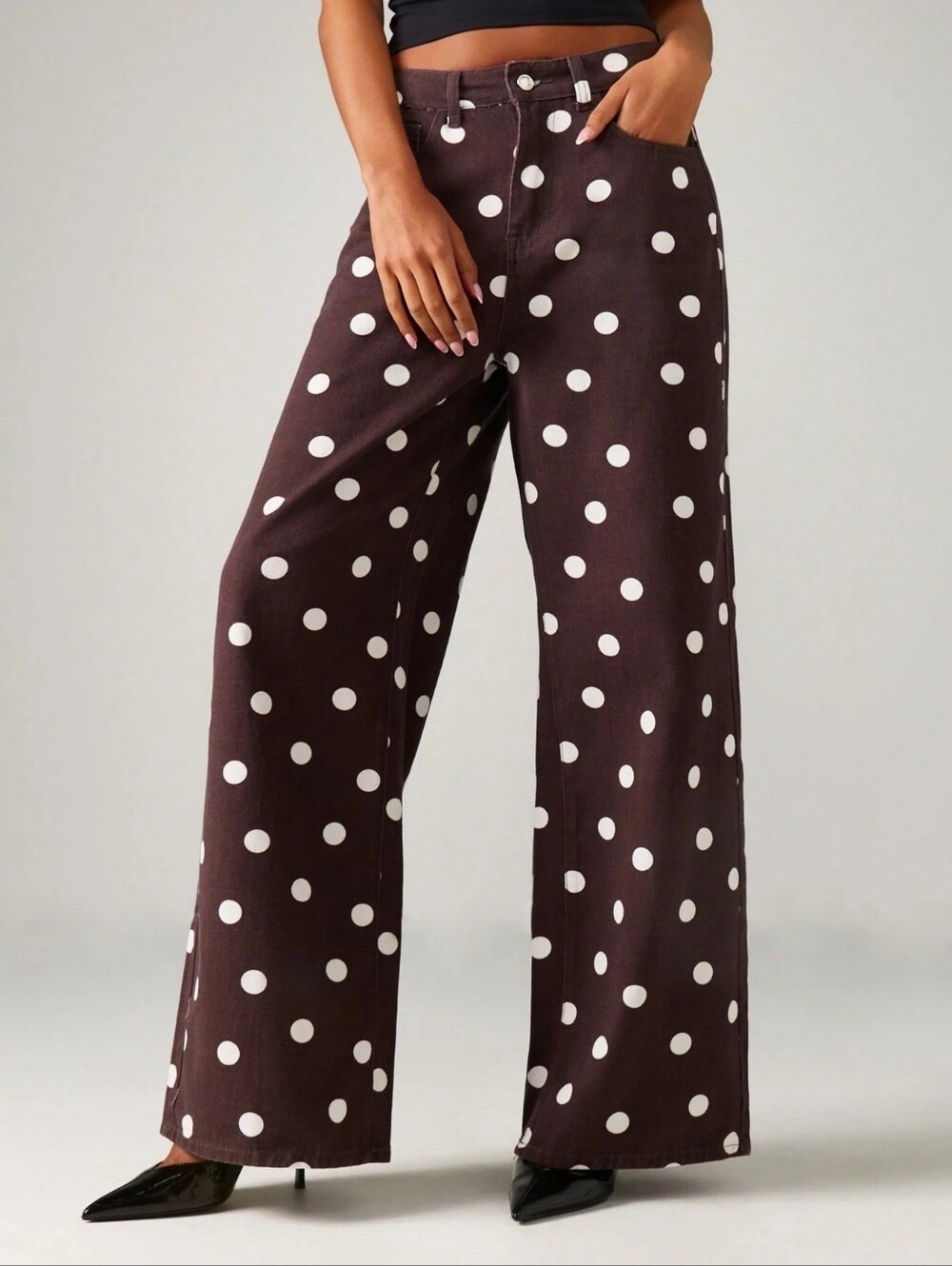 Brown Wide Leg Polka Dot Jeans